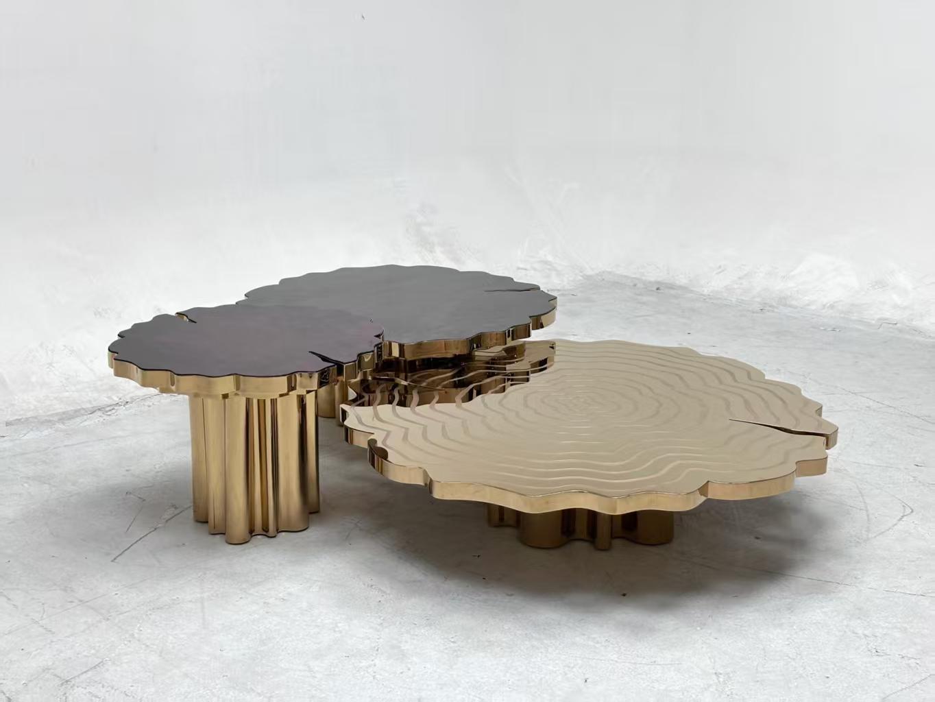 Luxury Italian Etched Stainless Steel Coffee Table Set