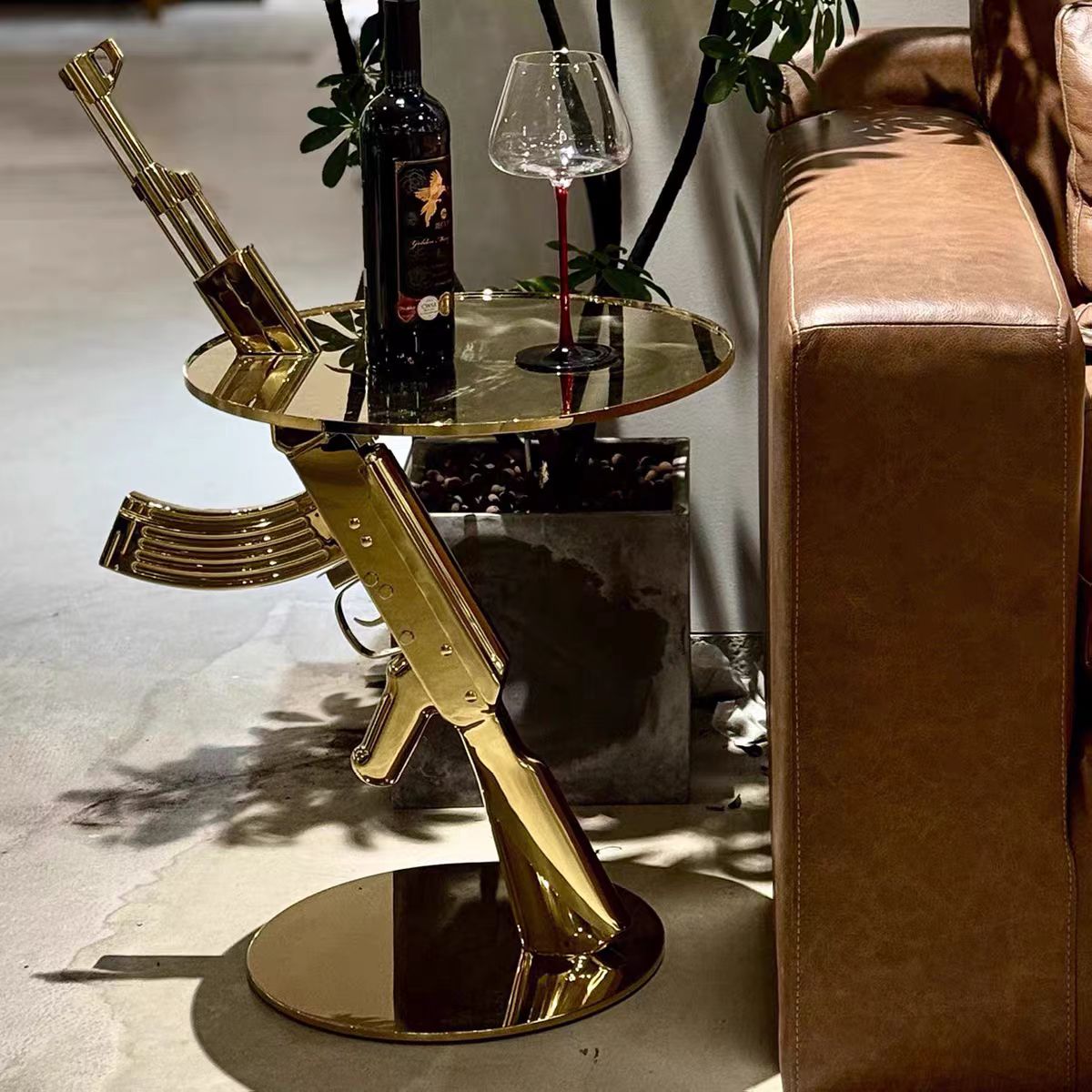Luxury Stainless Steel Round Side Table with Gun-Inspired Design