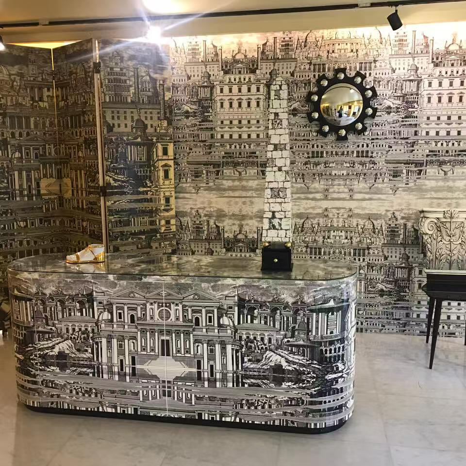 Luxury Curved Architectural Sideboard Cabinet with Hand Painted Design