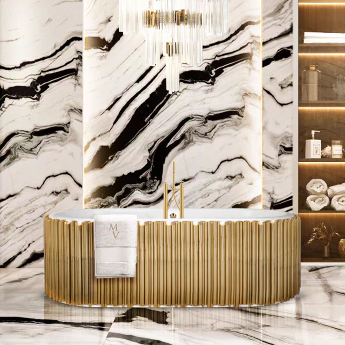 Luxury Italian Gold Vertical Stripe Stainless Steel Freestanding Bathtub with Ceramic Interior