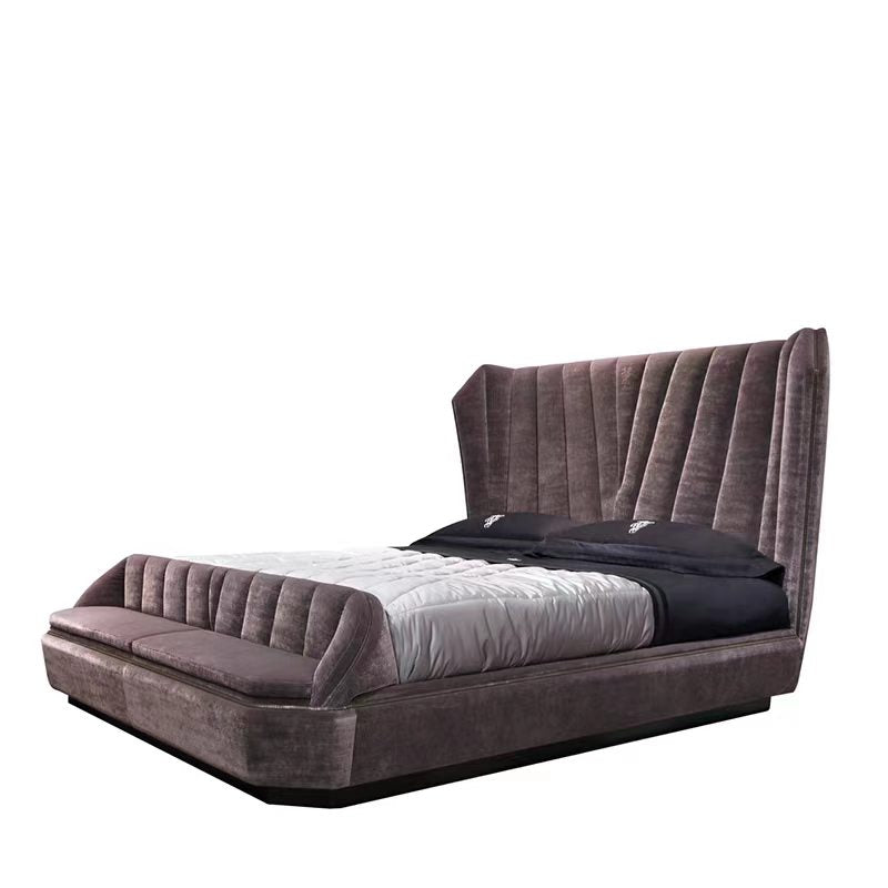Italian Luxury Minimalist Upholstered Bed with Integrated Bench and Stainless Steel Details