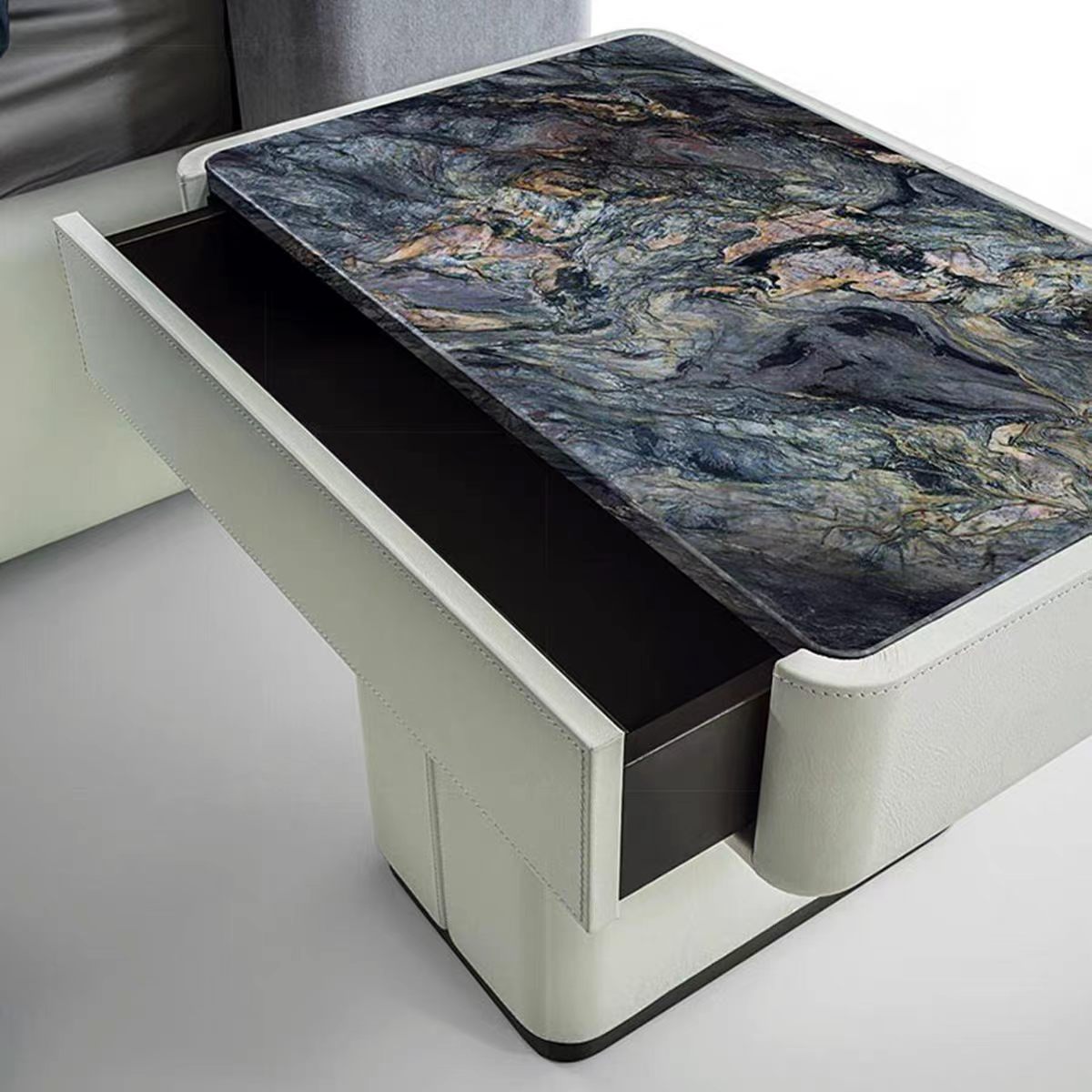 Luxury Italian Bedside Table with Marble & Leather Design